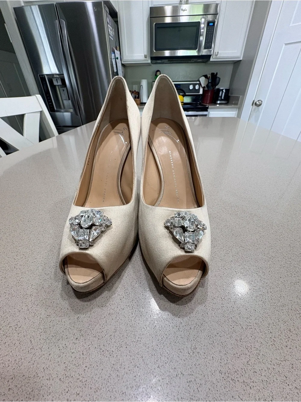 Giuseppe Zanotti beige satin peep toe pumps with Swarovski details